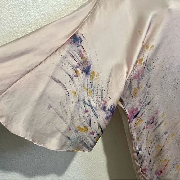 Boho 100% Silk Pink Scoop Neck Fairy Butterfly Sleeve Asymmetrical Mini Dress XS - Picture 4 of 15